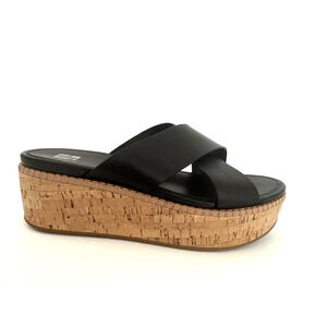 FitFlop Eloise Slide Sandals 11 Criss-Cross Black Leather Cork Wedge Comfort